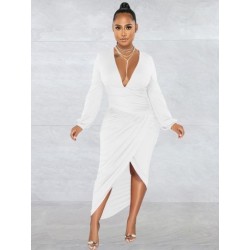 Szín: fehér XL - Elegáns, divatos, derék formájú, domború női ruhák, V- dekoltázsú, teljes ujjú női ruhák.