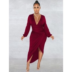 Szín: bordó XL - Elegáns, divatos, derék formájú, domború női ruhák, V- dekoltázsú, teljes ujjú női ruhák.