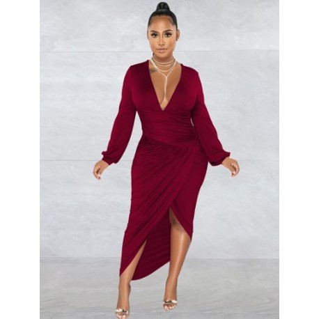 Szín: bordó XL - Elegáns, divatos, derék formájú, domború női ruhák, V- dekoltázsú, teljes ujjú női ruhák.