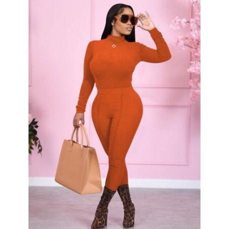 Szín: narancssárga L - Tavaszi elegáns, kétrészes nadrágkosztüm női tréningruha garbós hosszú ujjú póló   magas