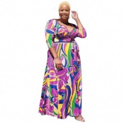 Szín: lila 4XL - Új, nagy méretű női ruhák, nyári nyomat, mély V nyakú kötés, elegáns party Africa Maxi ruha