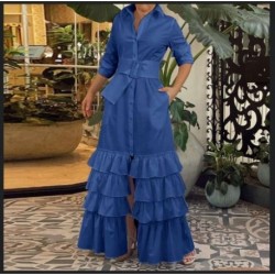 Szín: kék S - Plusz 2023 elegáns ingruha őszi női parti maxi ruha hosszú ujjú tömör hajtóka gomb fodros