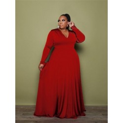 Szín: piros 5XL - Nagy méretű parti ruhák Női ruházat 2023 V nyakú, hosszú ujjú tömör bő, elegáns maxi ruhák Drop