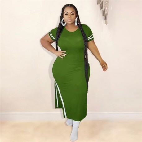 Szín: Army Green 5XL - Alkalmi ruha Női Nagy méretű L-5xl Ruházat Rövid ujjú csíkos oldalsó Bodycon Stretch maxi ruhák