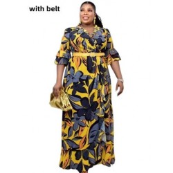 Szín: sárga 4XL - Nagy méretű női ruhák virágmintás V nyakú laza party Africa Maxi ruha 2023 övvel