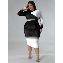 Szín: fekete XXXL - Nagy méretű ruhák Női ruhák Bodycon Strech hosszú ujjú Pachwork Alkalmi divat Maxi ruha Új