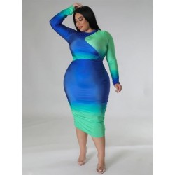 Szín: kék XXXL - Nagy méretű ruhák Női ruhák Bodycon Strech hosszú ujjú Pachwork Alkalmi divat Maxi ruha Új