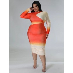 Szín: narancssárga XXXL - Nagy méretű ruhák Női ruhák Bodycon Strech hosszú ujjú Pachwork Alkalmi divat Maxi ruha Új