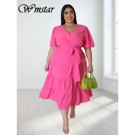 Szín: rózsaszín 4XL - Nagy méretű női ruhák V nyakú új nyári ruhák szolid elegáns kötéses maxi ruha