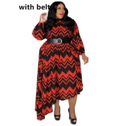 Szín: piros 4XL - Nagy méretű női ruhák őszi ruhák csíkos mintás szexi szabálytalan szegésű maxi ruha övvel