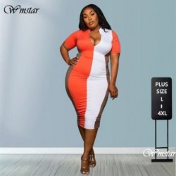 Szín: patchwork XXL - Nagy méretű ruhák női 2021. nyári cipzáras Bodycon Stretch Patchwork Maxi Dress Elegáns buliruhák