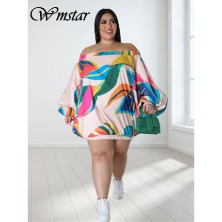 Szín: nyomat XXXL - Nagy méretű női ruha vállról leválasztott ruha Nyári mintás bő sztreccs elegáns miniruhák női