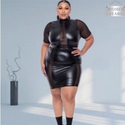 Szín: fekete 4XL - Nagy méretű fekete ruha 5xl szexi mesh Pu Patchwork Elegáns térdig érő ruhák női divatos ruhák