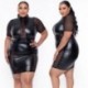 Szín: fekete 4XL - Nagy méretű fekete ruha 5xl szexi mesh Pu Patchwork Elegáns térdig érő ruhák női divatos ruhák
