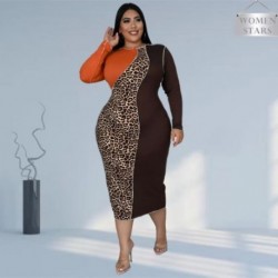 Szín: narancs 4XL - Új női nagy méretű ruhák Elegáns Leopard Patchwork Bodycon Stretch Maxi Dress Party Vintage 2022