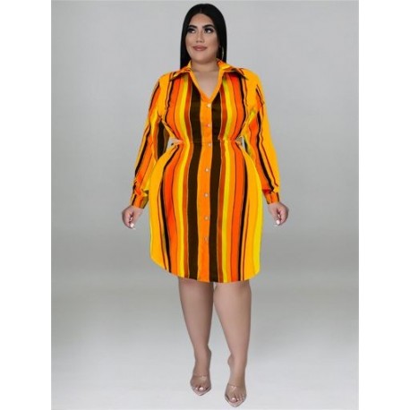 Szín: narancssárga XXXL - Nagy méretű ruhák Női őszi ruhák Csíkos kivágású, rugalmas derekú Elegáns midi ingek