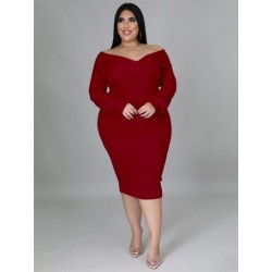 Szín: mélyvörös 4XL - Nagy méretű parti ruhák női tömör V nyakú, hosszú ujjú, rugalmas, elegáns szexi estélyi