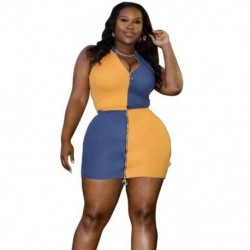 Szín: sárga 5XL - Nagy méretű, 2 részes női szett 5xl női szoknyával és felső kötött Bodycon patchwork cipzárral