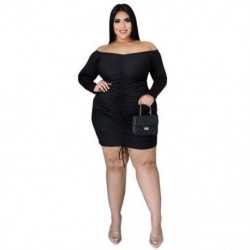 Szín: fekete XXXL - Új, nagy méretű ruhák női őszi ruhák vállpánttal drapírozott Stretch Bodycon parti miniruha