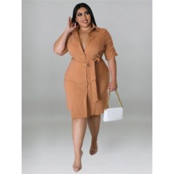 Szín: sárgabarack 4XL - Nagy méretű női ruhák 4xl 5xl rövid ujjú, alkalmi midi ruha övvel New Style Office Lady
