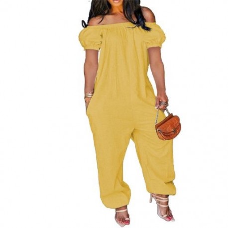 Szín: sárga XXL - Nagyméretű, S-4xl-es jumpsuit, női, elegancia vállból, tömör rövid ujjú, bő overál egyrészes