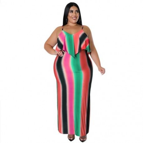Szín: zöld XL - Nagy méretű ruhák női ruházathoz Csíkos mintás Szexi Elegáns Stretch Slip estélyi Maxi ruhák