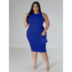 Szín: kék XXL - Nagy méretű női ruházati ruha 2023 nyár, tömör mintás Bodycon Stretch elegáns midi ruhák női