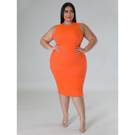 Szín: narancssárga XXL - Nagy méretű női ruházati ruha 2023 nyár, masszív mintás Bodycon Stretch elegáns midi ruhák