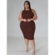Szín: kávé XXL - Nagy méretű női ruházati ruha 2023 nyár, tömör mintás Bodycon Stretch elegáns midi ruhák női