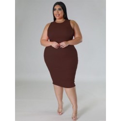 Szín: kávé XXL - Nagy méretű női ruházati ruha 2023 nyár, tömör mintás Bodycon Stretch elegáns midi ruhák női