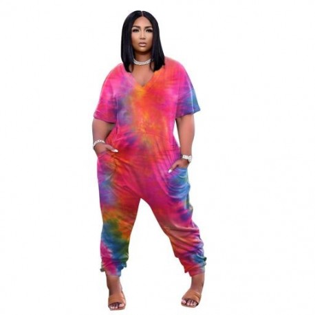 Szín: piros XXXL - Nagy méretű ruházat Női Jumpsuit Nyakkendő Festékzsebek Hétköznapi V-nyakú utcai viselet Rövid bő