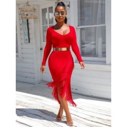 Szín: Piros XL - Női ruhák Bodycon Tassel Stretch Solid Szexi Elegáns Divatos Streetwear Maxi Ruha 2022