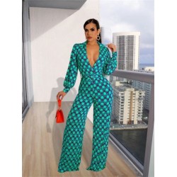 Szín: kék L - Női jumpsuit őszi ruhák hosszú ujjú, nyomott V nyakú, kiszélesedő lábú városi szabadidős body, új