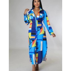 Szín: kék L - Női ruhák elegáns nyomott gombos édes szabálytalan maxi ing ruha divat utcai ruházat S-2XL