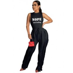 Szín: fekete XXL - Kétrészes szett női nyári ruhák betűmintás mellény póló felső bojtos nadrág szettek új