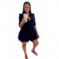 Szín: fekete XXL - 2022 tavaszi nyári ruhák ruházat női tömör lehajtható gallérral fél ujjú elegáns mini ruhák új