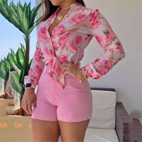 Szín: rózsaszín L - Kétrészes szett női elegáns divatmintás Crop top rövidnadrágok hosszú ujjú ingek hozzáillő