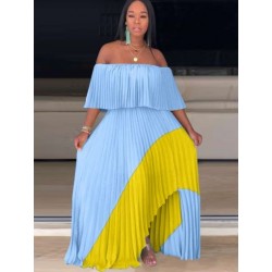 Szín: égszínkék XL - Női ruhák Szexi váll nélkül, rövid ujjú, több bő, édes, elegáns party maxi ruha nyár