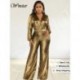 Szín: arany XXXL - Női Jumpsuit Fashion V nyakú, hosszú ujjú, szuper sztreccs, kiszélesedett lábú városi szabadidős,