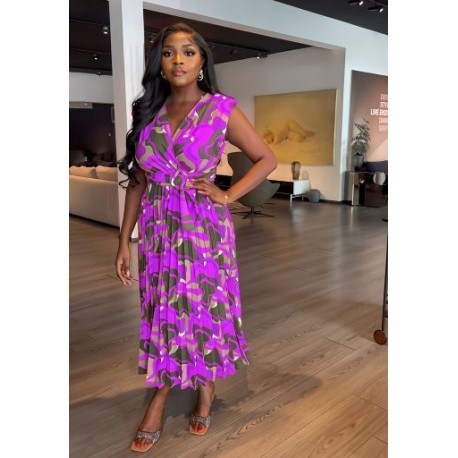 Szín: Lila XL - Női ruhák új nyáron V nyakú, nyomott ujjatlan, bő, elegáns maxiruha 2023-ban övvel