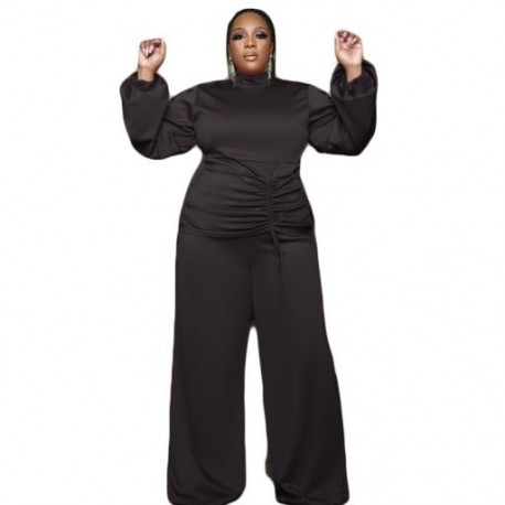 Szín: fekete XXL - Kétrészes ruhák, nagy méretű női ruhák tömör kötéssel Crop felső elasztikus derékbőséges