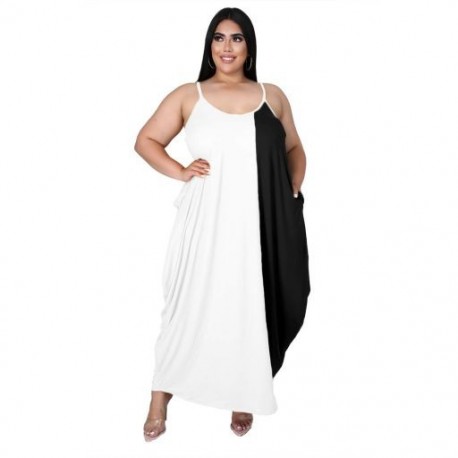 Szín: fehér 4XL - Nagy méretű maxi ruha, divatos női nyári patchwork, csúszózsebek, oldalsó oldalsó, elegáns, laza