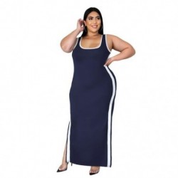 Szín: mélykék 4XL - S-4xl Alkalmi ruha Nagy méretű ruházat Női mellény csíkos oldalsó Bodycon Stretch Slip Hem Maxi