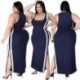 Szín: mélykék 4XL - S-4xl Alkalmi ruha Nagy méretű ruházat Női mellény csíkos oldalsó Bodycon Stretch Slip Hem Maxi