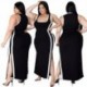 Szín: mélykék 4XL - S-4xl Alkalmi ruha Nagy méretű ruházat Női mellény csíkos oldalsó Bodycon Stretch Slip Hem Maxi