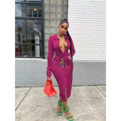 Szín: rózsa vörös XL - Hétköznapi ruhák nőknek 2022-es szexi V nyakú, tömör hosszú ujjú Bodycon Slip Hem elegáns