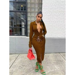 Szín: barna XL - Hétköznapi ruhák nőknek 2022-es szexi V nyakú, tömör hosszú ujjú Bodycon Slip Hem elegáns maxi ruha