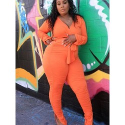 Szín: narancs 4XL - Nagy méretű, kétrészes ruhák női tömör pólyás felső halmozott leggings nadrág szettek