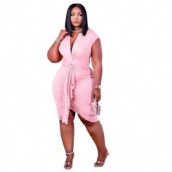 Szín: rózsaszín XXXL - Nagy méretű ruhák 4xl Női nyári ruházat 2021 Solid alkalmi V nyakú halmozott drapírozott