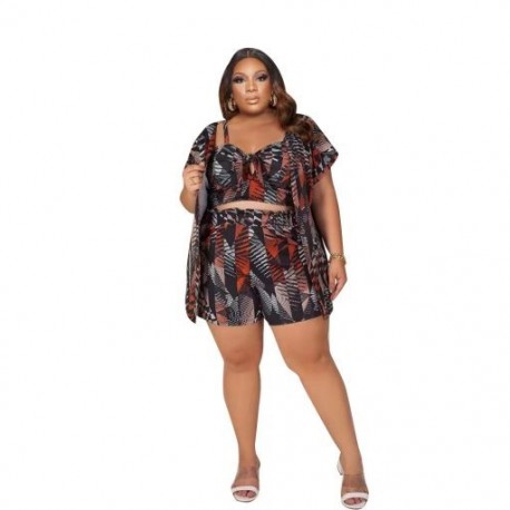 Szín: fekete 5XL - Nagy méretű, 3 részes szett Női ruházat Nyári ruhák Nyomtatott Rövidnadrág Szettek pólóhoz illő